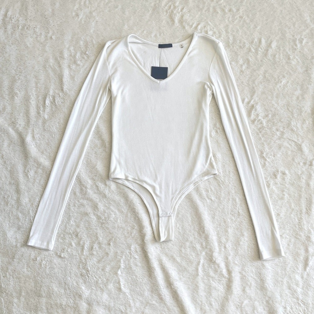 NWT‎ ATM Anthony Thomas Melillo Ribbed V-Neck Long Sleeve Bodysuit White Size S